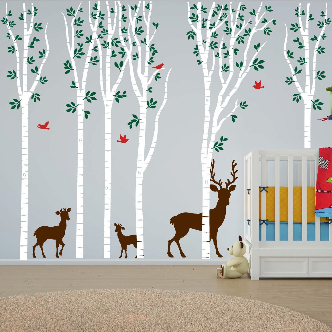 Birch Tree Wall Decal Forest With Birds, Baby Deer Vinyl Sticker ...