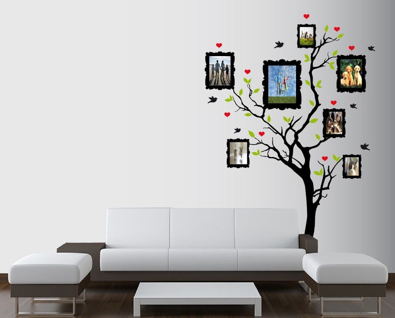 Large Wall Family Picture Frame Tree Decal with Hearts, Birds and Leaves Nursery 1163 5 feet tall image 1
