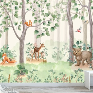 Watercolor Birch Tree Forest Peel and Stick Wallpaper Self Adhesive Nursery Décor Fabric Woodland Animals Decal - Custom Sizes Mural #3206