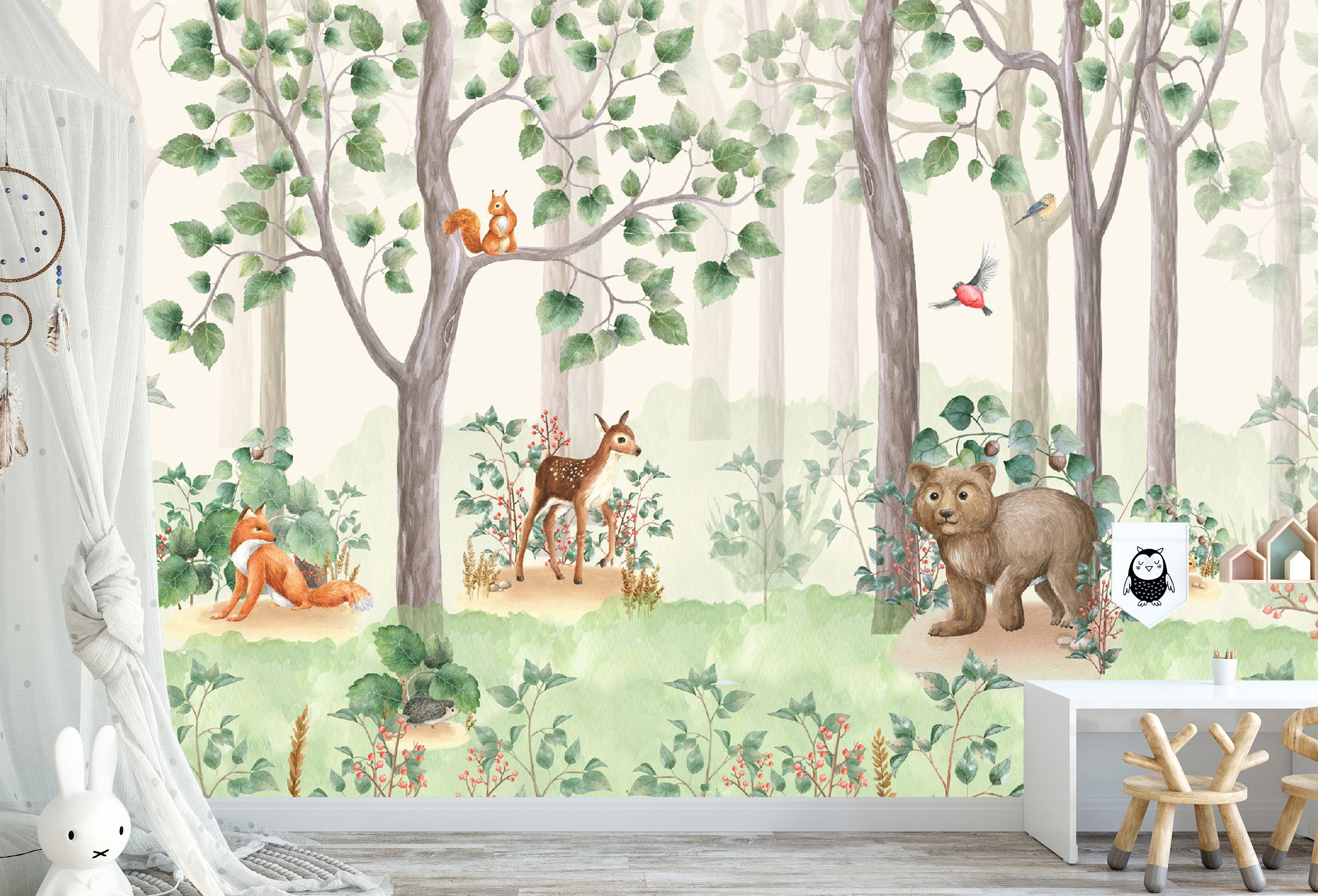 Woodland Forest Animals Wallpaper Mural in Green Gender Neutral Kids   Olive et Oriel
