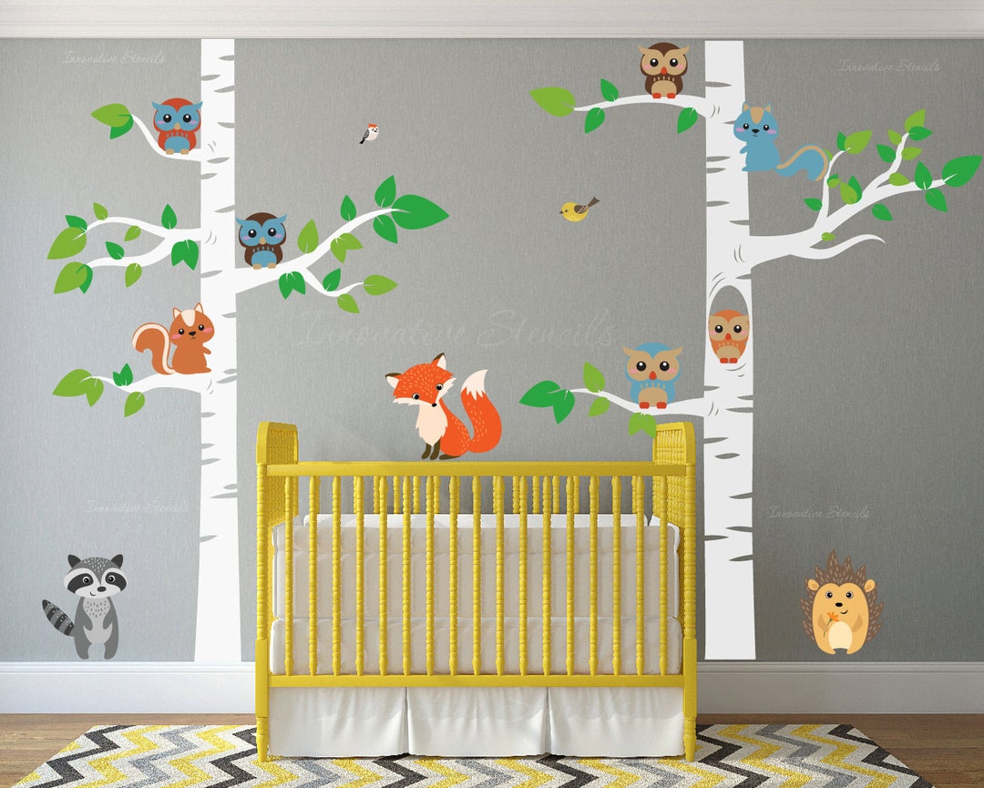 Birch Tree Wall Nursery Decal Forest With Owl Birds Squirrels Fox ...