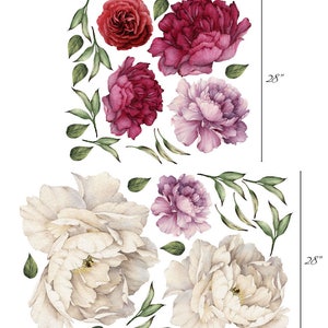 Vintage Peony Flowers Seasonal Bouquet Wall Decal Sticker Rose Peony Art Peel and Stick Floral Decor, Removable and Reusable 7 Flower Set image 3