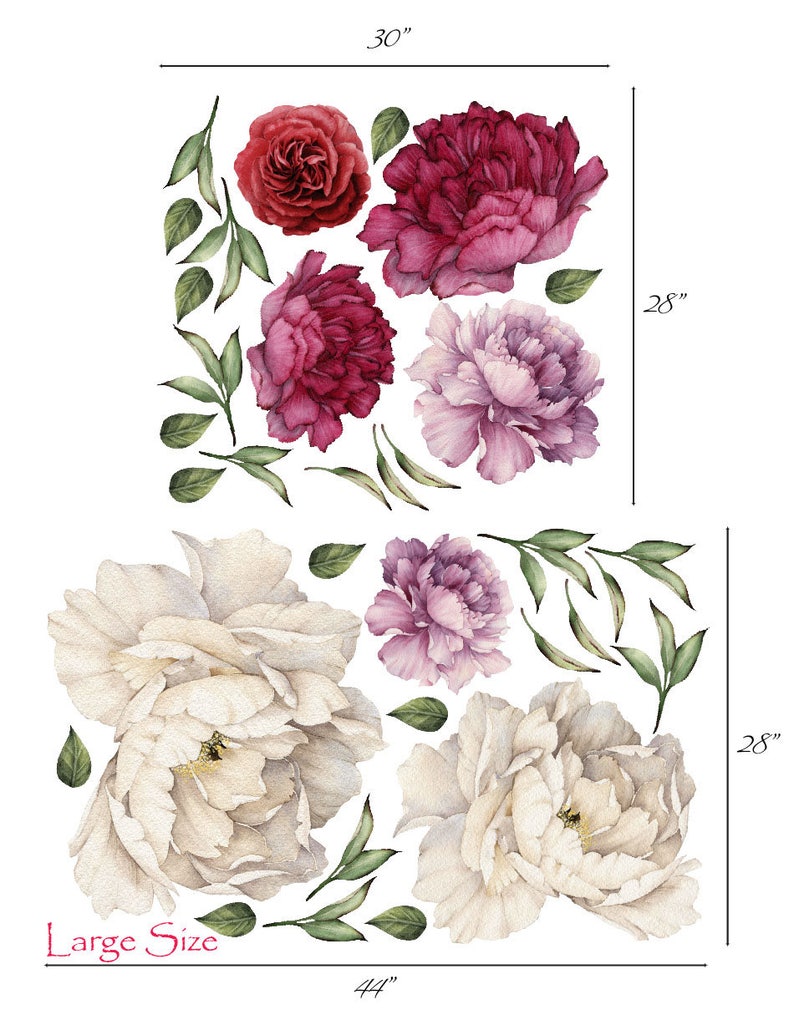 Vintage Peony Flowers Seasonal Bouquet Wall Decal Sticker Rose Peony Art Peel and Stick Floral Decor, Removable and Reusable 7 Flower Set image 3