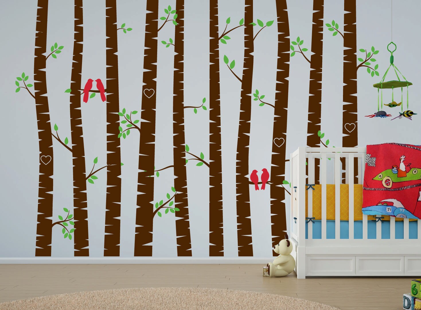 Nursery Birch Tree Wall Decal Forest With Birds and Leafs Vinyl Sticker ...