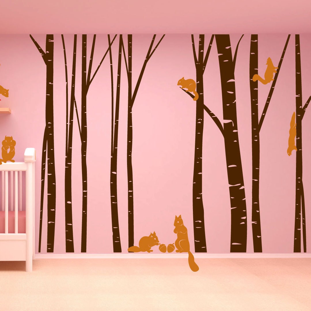 Nursery Birch Tree Wall Decal Forest With Squirrels Vinyl Sticker ...