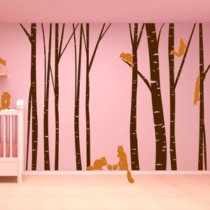 Nursery Birch Tree Wall Decal Forest with Squirrels Vinyl Sticker Removable Kids Art 1230