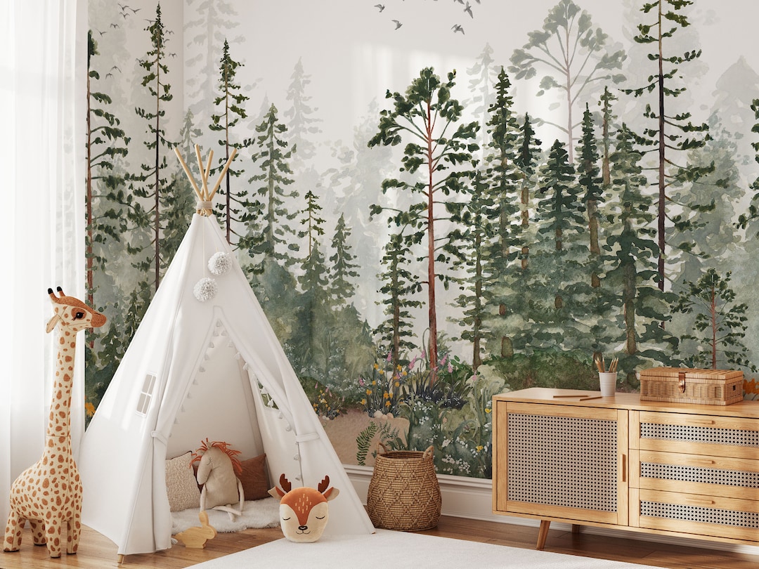 Woodland Watercolor Peel and Stick Wall Mural Fairy Pine Tree Kids ...