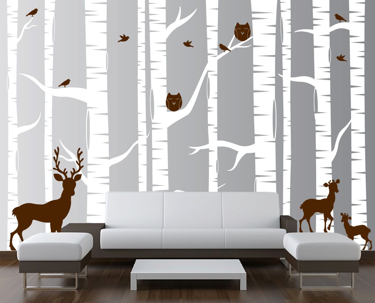 Nursery Birch Tree Wall Decal Forest With Owl Birds and Deer Vinyl ...