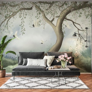 Willow Tree Peel and Stick Wallpaper Mural Chinoiserie Watercolor Blossom Décor Nursery Watercolor Asian Wall Japanese Custom Sizes #3147
