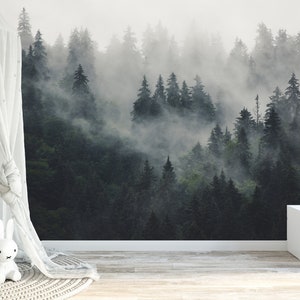 Misty Pine Tree Forest Landscape Peel and Stick Wallpaper Self Adhesive ...