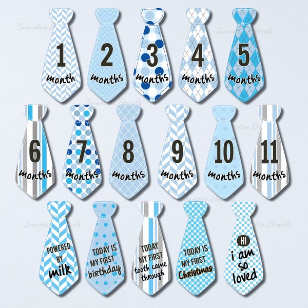 Baby Monthly Necktie Onesie Stickers Age Milestones for 12 Months - Great Baby Shower Gift - Boy Infant Blue Set of 16 Decals #3027