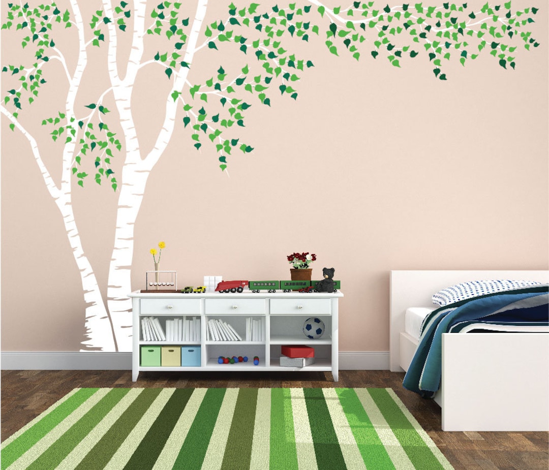 Birch Tree Nursery Wall Decal Forest Canopy Blowing Tree Leaves Vinyl ...