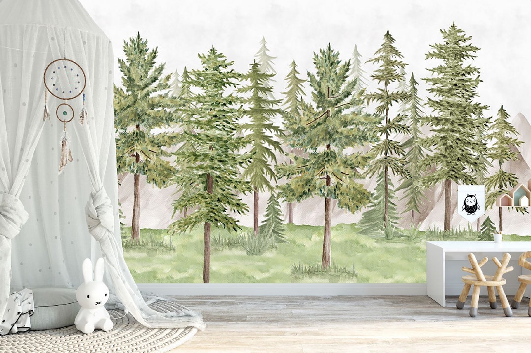 Watercolor Pine Tree Forest Peel and Stick Wallpaper Mountains Nursery ...