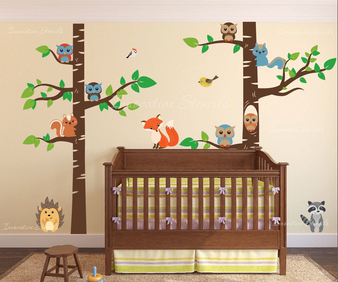 Nursery Birch Tree Wall Decal Forest With Owl Birds Squirrels Fox ...
