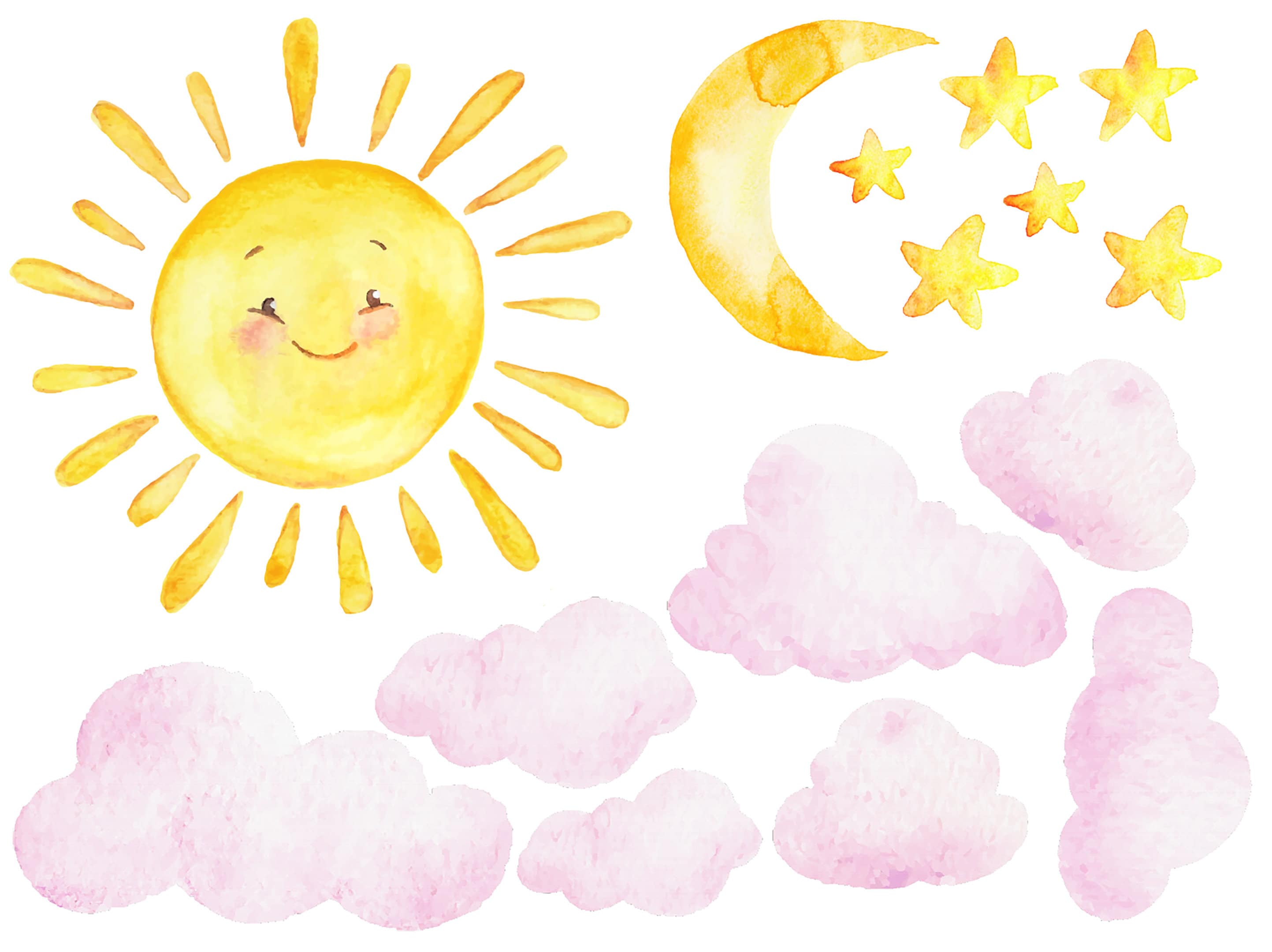 Wandaufkleber „Große Sonne Mit Wolken“ – Abziehbar, 148 X 195 Cm, Aquarellfarben, Für Kinderzimmer & Mehr