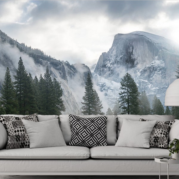 Rocky Mountains Removable Wallpaper Mural Forest Peel and Stick Winter Pine Nature Landscape Yosemite Mountain Wall Art Custom Sizes #3315