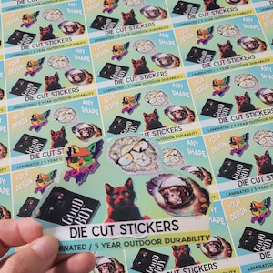 Aangepaste vinylstickers, etiketten, stickers met jouw ontwerp, foto&#39;s, logo, in elke gewenste vorm gesneden, uv-inkt, waterdichte contour, gestanste vellen, buiten Duurzaam