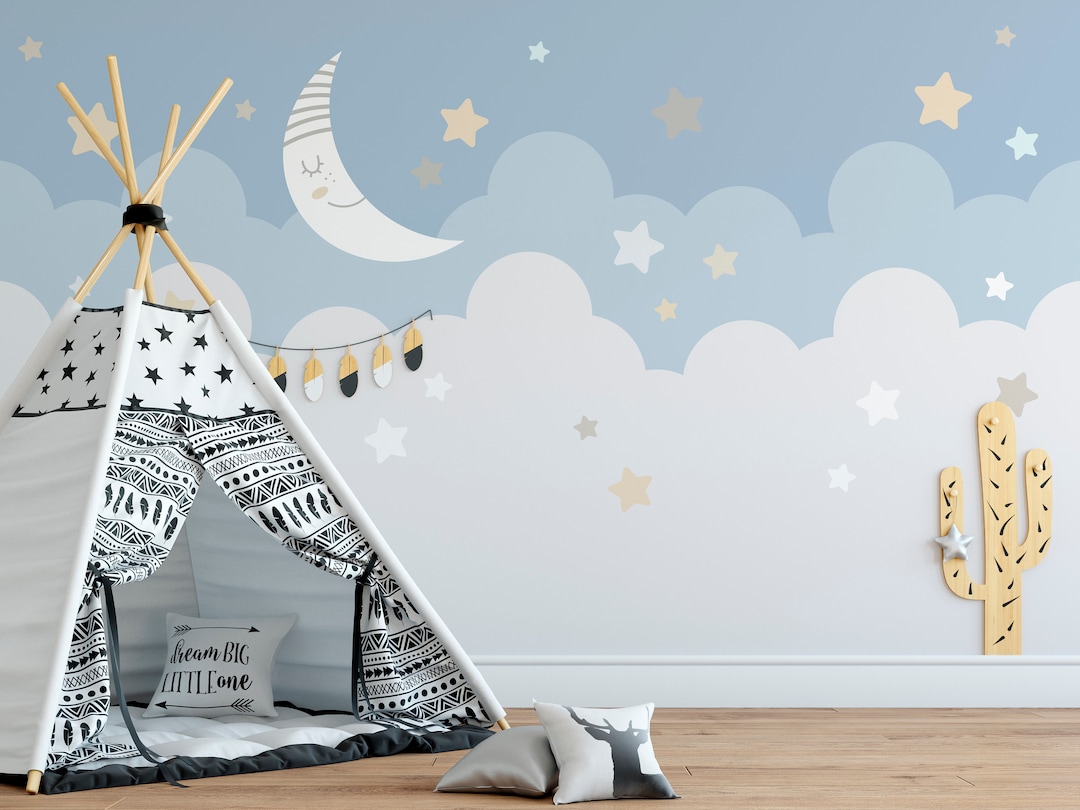 Dreamy Peel and Stick Clouds Stars Moon Wallpaper Night Sky Etsy