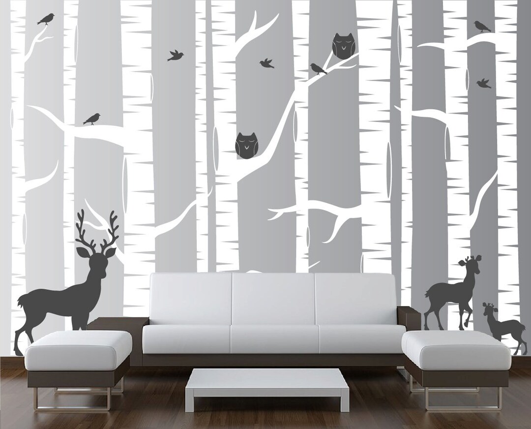 Nursery Birch Tree Wall Decal Forest With Owl Birds and Deer Vinyl ...