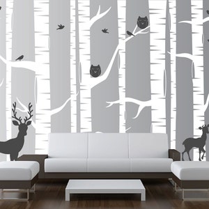 Nursery Birch Tree Wall Decal Forest with Owl Birds and Deer Vinyl Sticker Removable Kids Decor Woodland White Art (10 trees) 1323