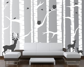 Nursery Birch Tree Wall Decal Forest with Owl Birds and Deer Vinyl Sticker Removable Kids Decor Woodland White Art (10 trees) 1323