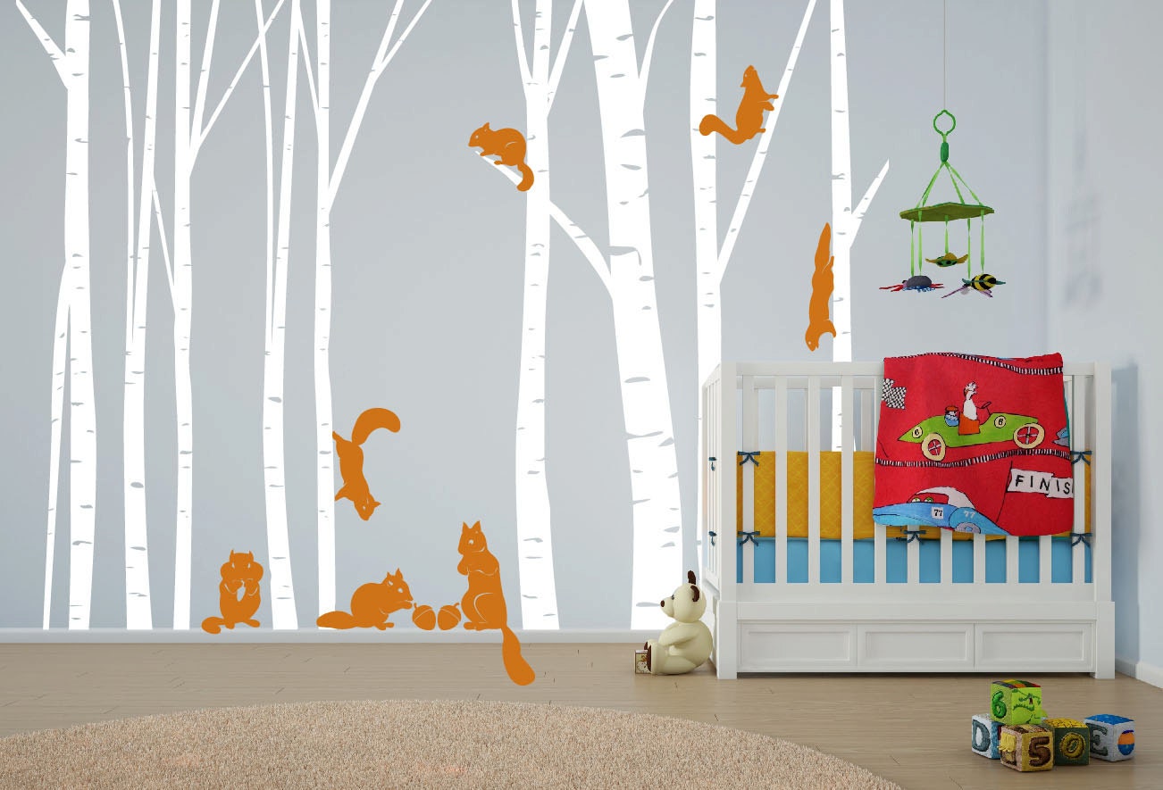 Nursery Birch Tree Wall Decal Forest With Squirrels Vinyl Sticker ...