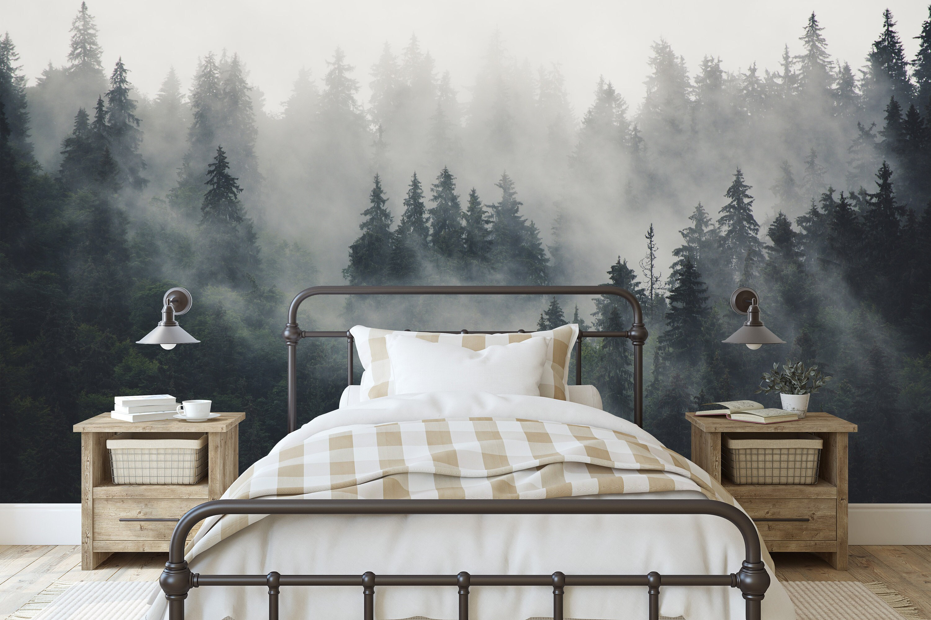 Misty Pine Tree Forest Landscape Peel and Stick Wallpaper Self Adhesive ...