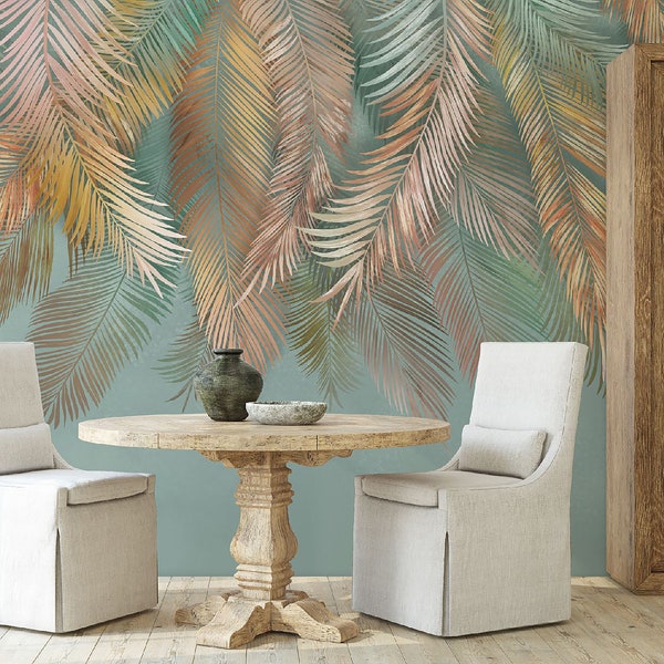 Palm Leaf Peel and Stick Wallpaper Self Adhesive Tropical Décor Fabric Removable Wall Mural Decal - Custom Sizes Mural #3230