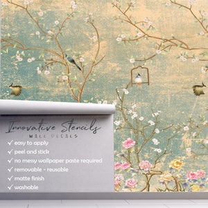 Chinoiserie Peel and Stick Wallpaper Mural Turquoise Vintage Cherry Blossom Tree Décor Asian Wall Art Custom Sizes Mural 3136 image 2