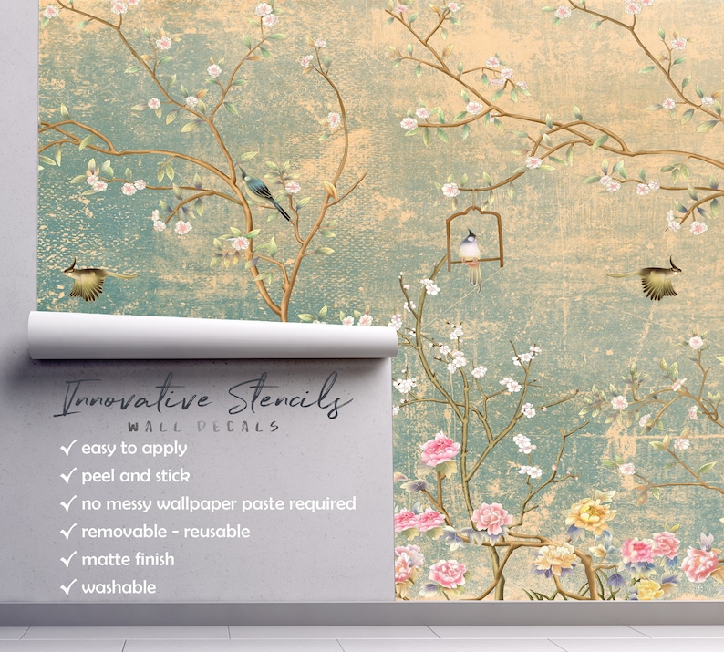 Chinoiserie Peel and Stick Wallpaper Mural Cream Soft Pink Etsy