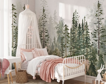 Aquarel dennenbos Peel and Stick behang nachtelijke hemel volle maan kinderkamer decor stof bos sticker - aangepaste formaten muurschildering #3134