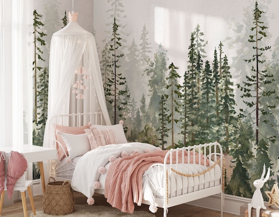 Mountains Forest Peel and Stick Wallpaper Mural Tree Pine Sun Décor Nursery  Watercolor Wall Art - Custom Sizes Mural #3146