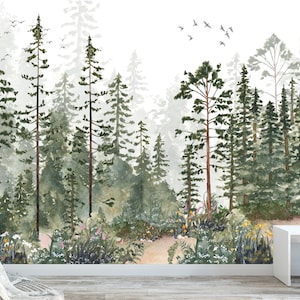 Woodland Watercolor Pine Tree Forest Nursery Décor Fabric available in Peel and Stick and Unpasted Traditional Wallpaper Mural #3301