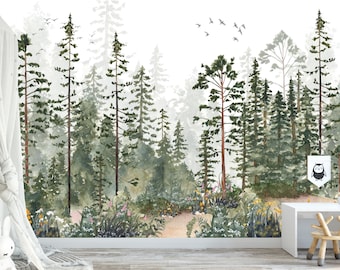 Woodland Watercolor Pine Tree Forest Nursery Décor Fabric available in Peel and Stick and Unpasted Traditional Wallpaper Mural #3301