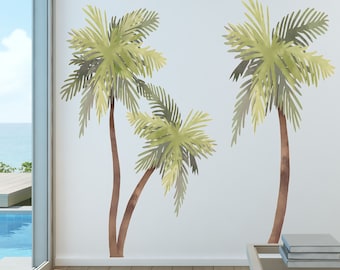 Palm Tree Watercolor Wall Decal Beach House Art Décor Sticker Tropical Print, Set of 1 to 4 Trees, Custom colors and sizes available #3123