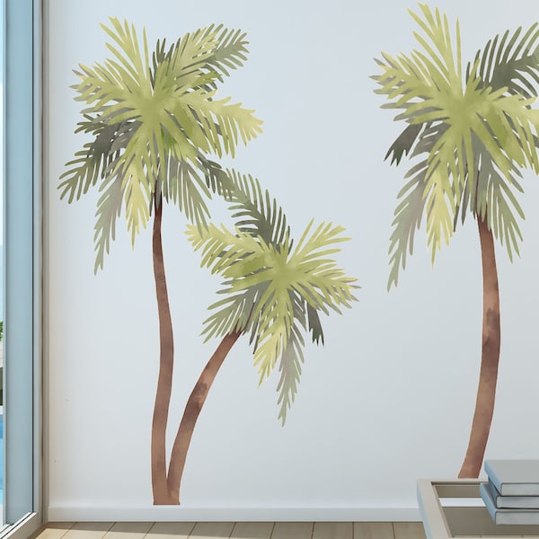 Palm Tree Watercolor Wall Decal Beach House Art Décor Sticker Tropical Print, Set of 1 to 4 Trees, Custom colors and sizes available #3123