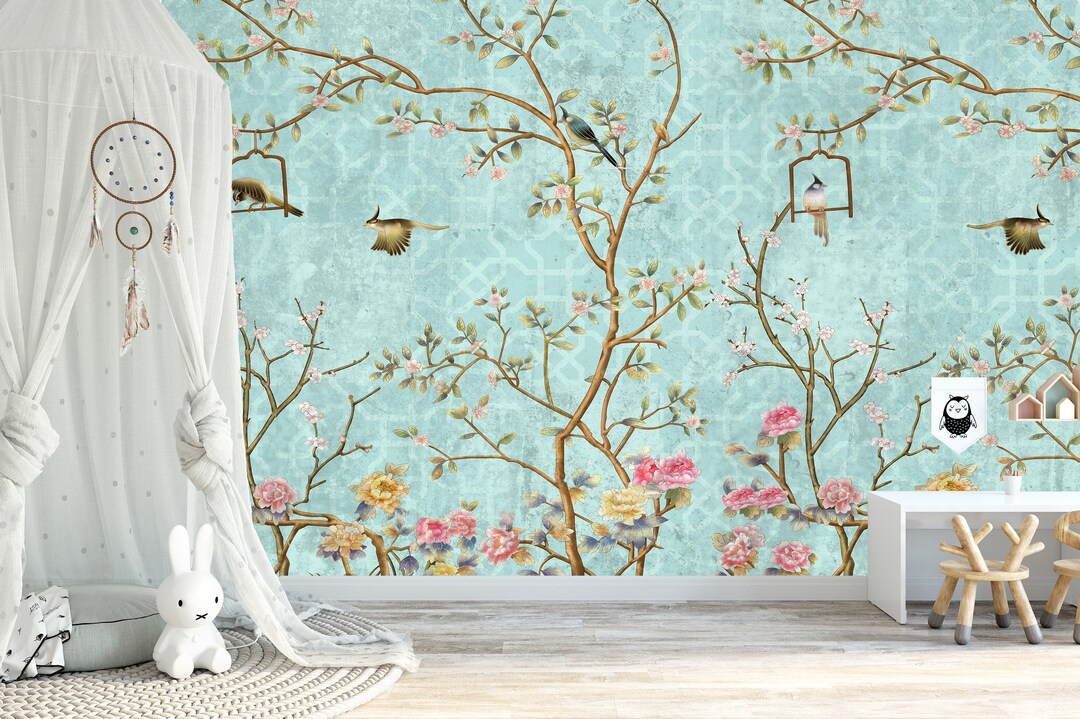 Chinoiserie Peel and Stick Wallpaper Mural Blue Aqua Vintage Cherry