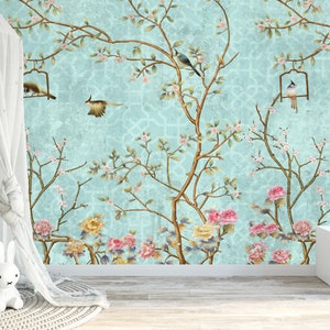 Chinoiserie Peel and Stick Wallpaper Mural Turquoise Vintage Cherry Blossom Tree Décor Asian Wall Art Custom Sizes Mural 3136 Blue