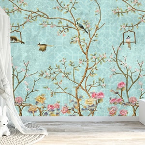 Chinoiserie Peel and Stick Wallpaper Mural Blue Aqua Vintage Cherry Blossom Tree Décor Asian Wall Art - Custom Sizes Mural #3166