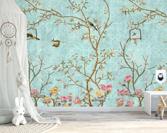 Chinoiserie Peel and Stick Wallpaper Mural Blue Aqua Vintage Cherry Blossom Tree Décor Asian Wall Art - Custom Sizes Mural #3166