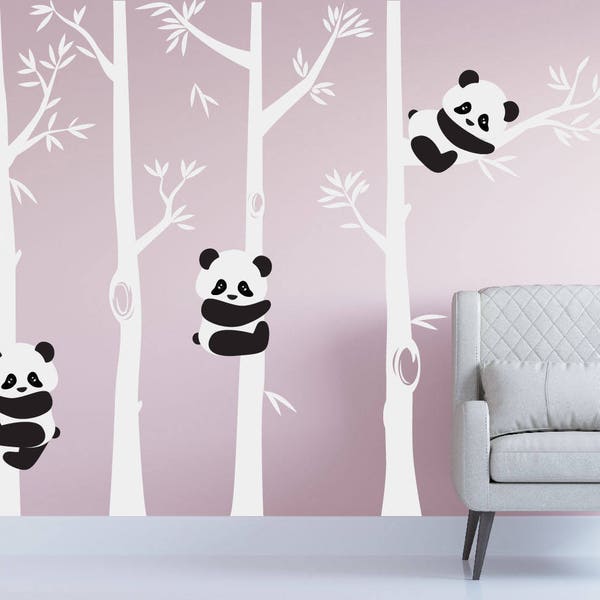 Nursery Panda Bear Bamboo Tree Wall Nursery Decal Art Forest Kids Room White Birch Stickers Custom #1350