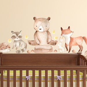 Watercolor Woodland Forest Animal Creatures Wall Decal Nursery Décor Bear Fox Bunny Raccoon Porcupine Squirrel Peel and Stick Kids Wall Art