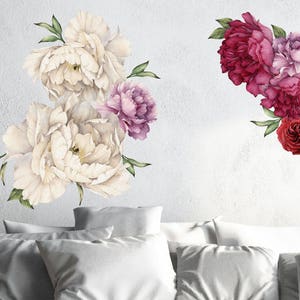 Vintage Peony Flowers Seasonal Bouquet Wall Decal Sticker Rose Peony Art Peel and Stick Floral Decor, Removable and Reusable 7 Flower Set image 1