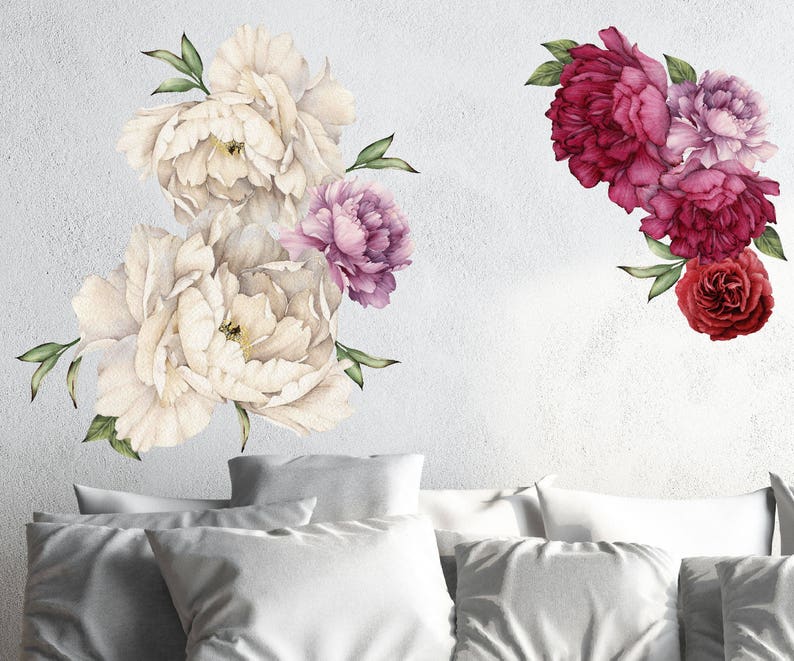 Vintage Peony Flowers Seasonal Bouquet Wall Decal Sticker Rose Peony Art Peel and Stick Floral Decor, Removable and Reusable 7 Flower Set image 1