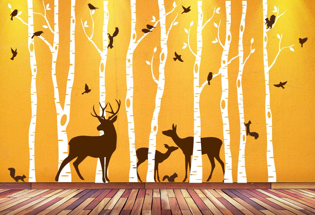 Birch Tree Wall Art Decal Forest Woodland Birds Deer Family Squirrels ...