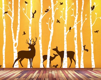 Birch Tree Wall Art Decal Forest Woodland Birds Deer Family Squirrels Buck Doe Fawn Nursery Decor Sticker Removable Custom  (9 trees) 1362