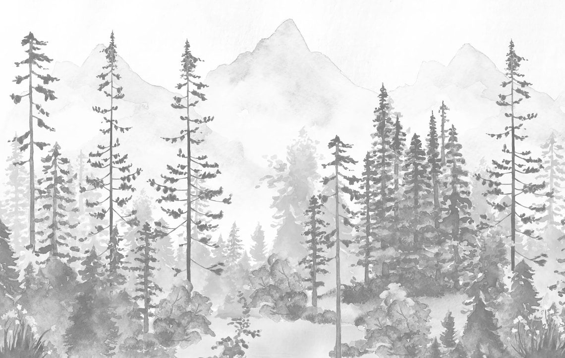 Watercolor Pine Tree Forest Mountains Peel and Stick Wallpaper - Etsy