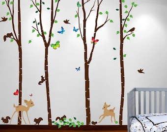 Birch Tree Forest Set with Deer and Flying Birds, Bambi and Squirrels Butterflies Baby Giant Wall Sticker Decals #1221 (8ft Tall)