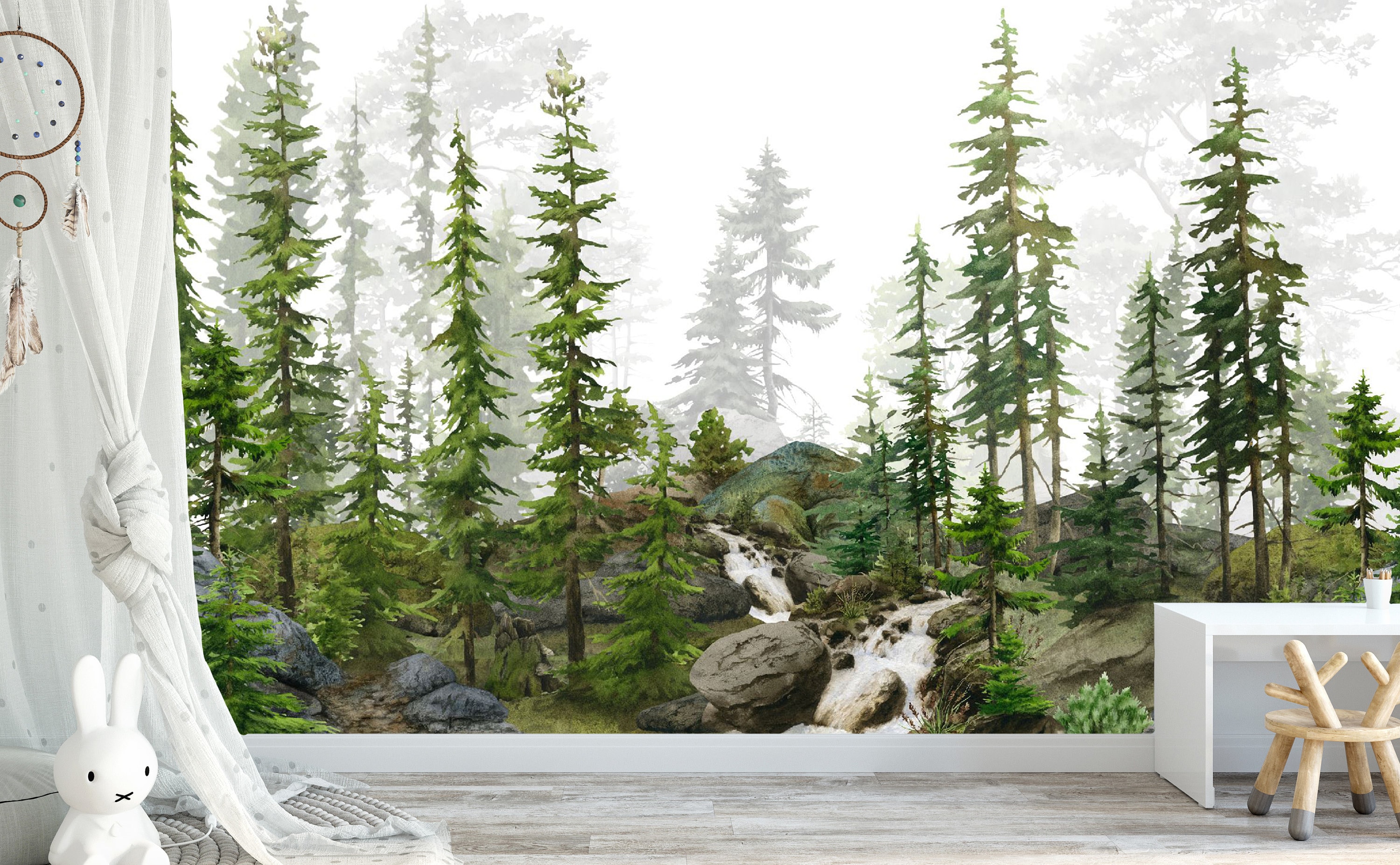Pine Tree Forest Watercolor Spruce Peel and Stick Waterfall Wallpaper Nursery Décor Fabric Woodland Decal - Custom Sizes Colors Mural #3262