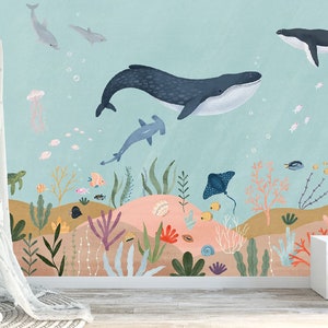 Under the Sea Wallpaper Watercolor Peel and Stick Self Adhesive Nursery Décor Fabric Sea Creatures Whale Decal - Custom Sizes Mural #3241